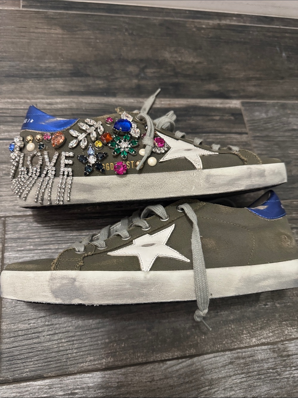 Golden Goose Super-Star Olive Green Sneakers with Blue Heel